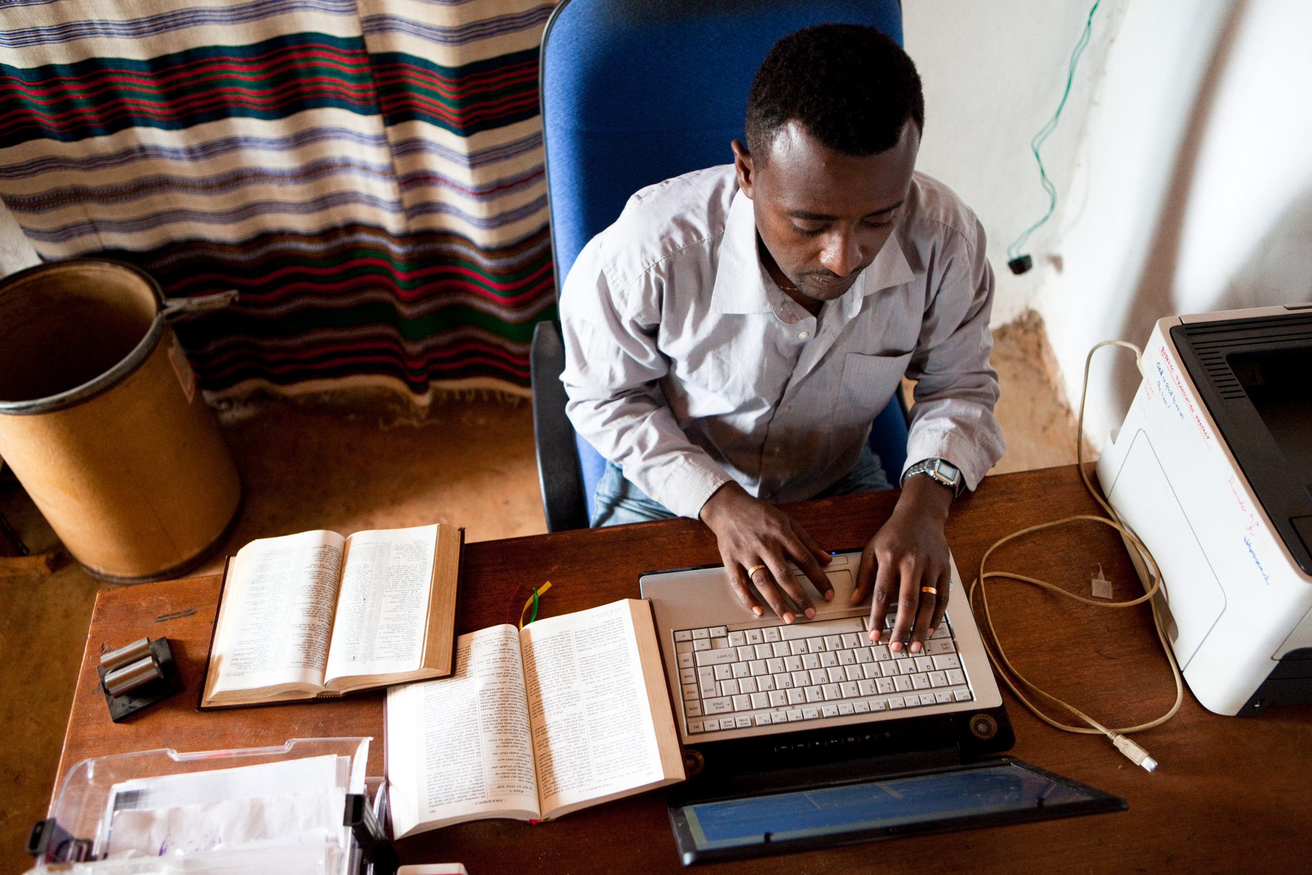 Adam Jeske The leader of the Basketo Bible translation project, sits at his desk in the translation office in Basketo.